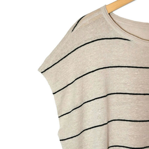 Eileen Fisher Linen Striped Top Short Sleeve Hi Low Loose Fit Tan & Black Small - Picture 6 of 16